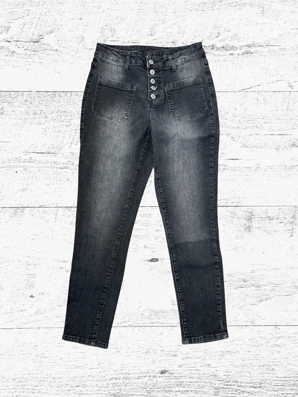 High-Rise Button-Fly Slim Jeans in Washed Black